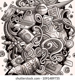 Cartoon vector doodles Travel illustration. Monochrome, detailed, with lots of objects background. All objects separate. Toned traveling funny round picture