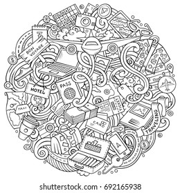 Cartoon vector doodles Travel illustration. Line art, detailed, with lots of objects background. All objects separate. Contour drawing traveling funny round picture