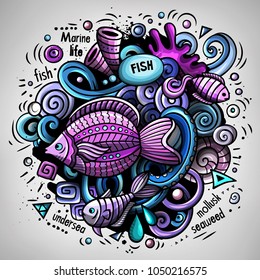Cartoon vector doodles Underwater world illustration. Colorful, detailed, with lots of objects background. All objects separate. Bright colors sea life funny picture