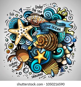 Cartoon vector doodles Underwater world illustration. Colorful, detailed, with lots of objects background. All objects separate. Bright colors sea life funny picture