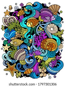 Cartoon vector doodles Underwater world illustration. Colorful, detailed, with lots of objects background. All objects separate. Bright colors sea life funny picture