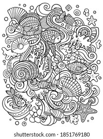 Cartoon vector doodles Underwater world illustration. Sketchy, detailed, with lots of objects background. All objects separate. Line art sea life funny picture