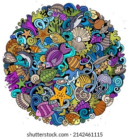 Cartoon vector doodles Underwater world illustration. Colorful, detailed, with lots of objects background. All objects separate. Bright colors sea life funny round picture