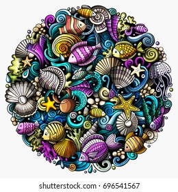 Cartoon vector doodles Underwater world illustration. Colorful, detailed, with lots of objects background. All objects separate. Bright colors sea life funny round picture