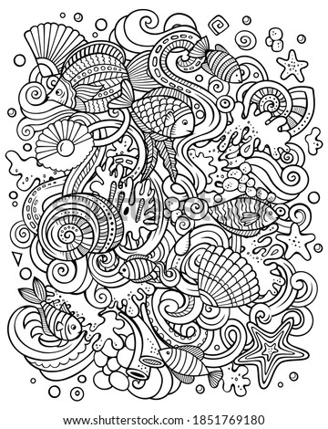 Cartoon vector doodles Underwater world illustration. Sketchy, detailed, with lots of objects background. All objects separate. Line art sea life funny picture