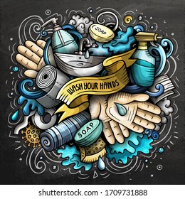 Cartoon vector doodles Wash Your Hands illustration. Colorful, detailed, with lots of objects background. All objects separate. Bright colors epidemic picture