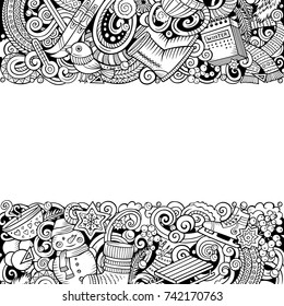 Cartoon vector doodles Winter horizontal stripes card design. Line art detailed, with lots of objects illustration. All items are separate. Seasonal funny border