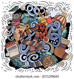 Cartoon vector doodles Winter illustration. Colorful, detailed, with lots of objects background. All objects separate. Bright colors cold season funny picture