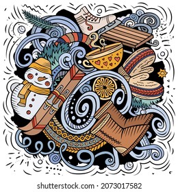 Cartoon vector doodles Winter illustration. Colorful, detailed, with lots of objects background. All objects separate. Bright colors cold season funny picture
