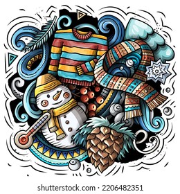 Cartoon vector doodles Winter illustration. Colorful, detailed, with lots of objects background. All objects separate. Bright colors cold season funny picture