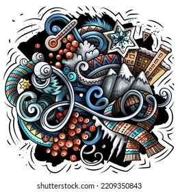 Dibujo de invierno con doodles vectoriales de dibujos animados. Colorido, detallado, con muchos objetos de fondo. Todos los objetos se separan. Colores brillantes Temporada de frío divertida imagen