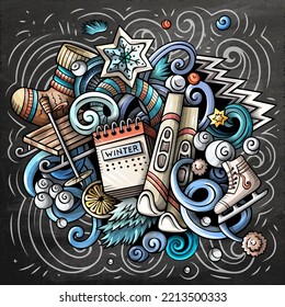 Cartoon vector doodles Winter illustration. Chalkboard detailed, with lots of objects background. All objects separate. Bright colors cold season funny picture