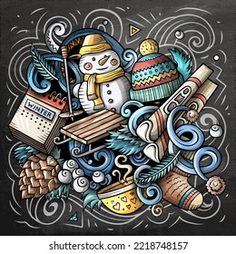 Cartoon vector doodles Winter illustration. Chalkboard detailed, with lots of objects background. All objects separate. Bright colors cold season funny picture