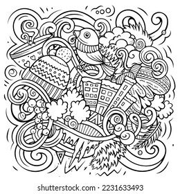 Cartoon vector doodles Winter illustration. Line art, detailed, with lots of objects background. All objects separate. Sketchy cold season funny picture