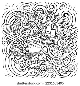 Cartoon vector doodles Winter illustration. Line art, detailed, with lots of objects background. All objects separate. Sketchy cold season funny picture