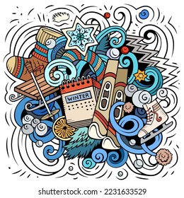 Dibujo de invierno con doodles vectoriales de dibujos animados. Colorido, detallado, con muchos objetos de fondo. Todos los objetos se separan. Colores brillantes Temporada de frío divertida imagen
