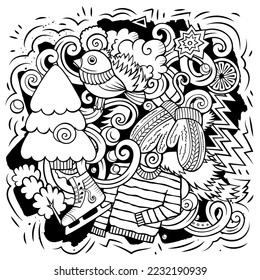 Dibujo de invierno con doodles vectoriales de dibujos animados. Arte de línea, detallado, con muchos objetos de fondo. Todos los objetos se separan. Imagen divertida de la temporada fría