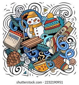 Cartoon vector doodles Winter illustration. Colorful, detailed, with lots of objects background. All objects separate. Bright colors cold season funny picture
