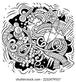 Cartoon vector doodles Winter illustration. Line art, detailed, with lots of objects background. All objects separate. Sketchy cold season funny picture