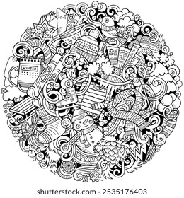 Cartoon vector doodles Winter illustration. Sketchy detailed, with lots of objects background. All objects separate. Bright colors cold season funny round picture