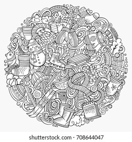 Cartoon vector doodles Winter illustration. Line art, detailed, with lots of objects background. All objects separate. Contour cold season funny round picture