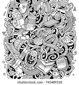 Cartoon vector doodles Winter illustration. Line art, detailed, with lots of objects background. All objects separate. Contour drawing cold season funny picture
