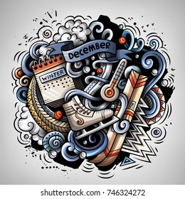 Cartoon vector doodles Winter illustration. Colorful, detailed, with lots of objects background. All objects separate. Bright colors cold season funny round picture