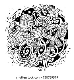 Cartoon vector doodles Winter illustration. Line art, detailed, with lots of objects background. All objects separate. Contour cold season funny round picture