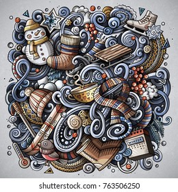 Cartoon vector doodles Winter illustration. Colorful, detailed, with lots of objects background. All objects separate. Bright colors cold season funny picture