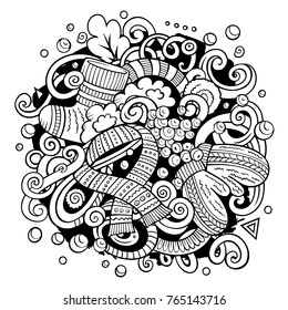 Cartoon vector doodles Winter illustration. Line art, detailed, with lots of objects background. All objects separate. Contour cold season funny round picture