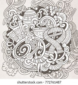 Cartoon vector doodles Winter illustration. Line art, detailed, with lots of objects background. All objects separate. Contour cold season funny round picture