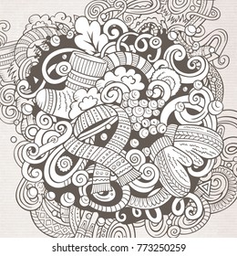 Cartoon vector doodles Winter illustration. Line art, detailed, with lots of objects background. All objects separate. Contour cold season funny round picture