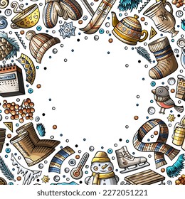 Cartoon vector doodles Winter objects frame card design. Colorful detailed, with lots of objects illustration. Bright colors seasonal funny border