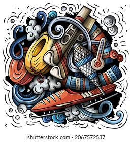 Cartoon vector doodles Winter Sports illustration. Colorful, detailed, with lots of objects background. All objects separate. Bright colors funny picture