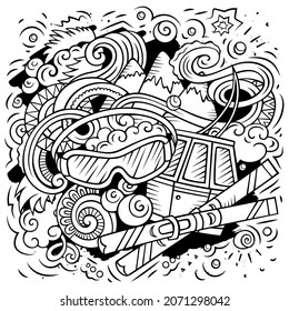 Cartoon vector doodles Winter Sports illustration. Line art, detailed, with lots of objects background. All objects separate. Sketchy funny picture
