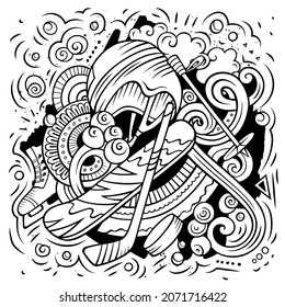Cartoon vector doodles Winter Sports illustration. Line art, detailed, with lots of objects background. All objects separate. Sketchy funny picture