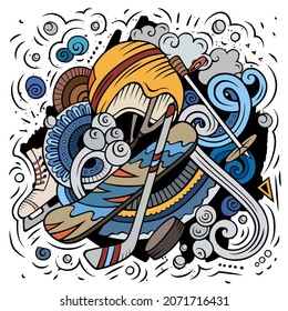 Cartoon vector doodles Winter Sports illustration. Colorful, detailed, with lots of objects background. All objects separate. Bright colors funny picture