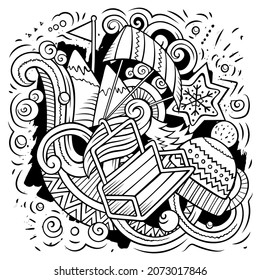 Cartoon vector doodles Winter Sports illustration. Line art, detailed, with lots of objects background. All objects separate. Sketchy funny picture