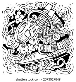 Cartoon vector doodles Winter Sports illustration. Line art, detailed, with lots of objects background. All objects separate. Sketchy funny picture