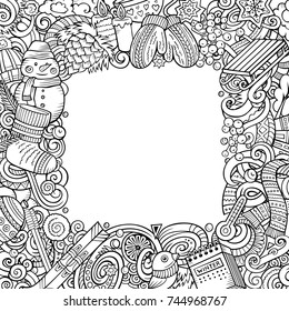 Cartoon vector doodles Winter square frame design. Line art detailed, with lots of objects illustration. All items are separate. Contour drawing seasonal funny border