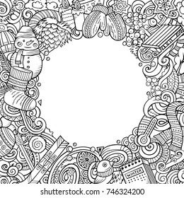 Cartoon vector doodles Winter square frame design. Line art detailed, with lots of objects illustration. All items are separate. Contour drawing seasonal funny border