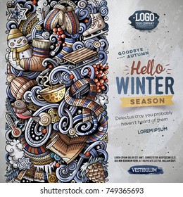 Cartoon Vektordoodles Wintersenkrechte Streifen-Design. Farbige Details, mit vielen Objekten Illustration. Alle Artikel sind getrennt. Saisonale lustige Grenze