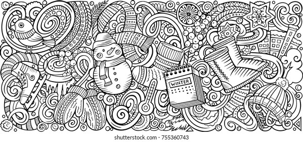 Cartoon vector doodles Winter vertical horizontal stripe illustration. Line art detailed, with lots of objects illustration. All items are separate