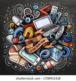 Cartoon vector doodles Work from Home illustration. Colorful, detailed, with lots of objects background. All objects separate. Bright colors epidemic picture