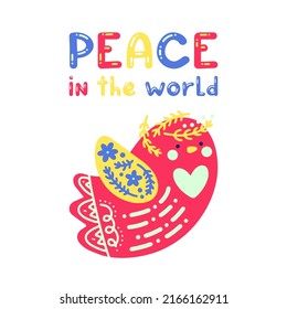 Cartoon vector dove with folk Scandinavian ornament on a bright colorful poster with the inscription Peace in the world. Cute sticker with 3D lettering for printing, typography, cards, textiles, decor