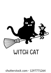 A Cartoon Vector Drawing Of A Big Black Cat Flying On The Broomstick With A TIny Witch Beside It