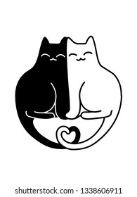 A Cartoon Vector Drawing Of A Black And A White Cats In Love Sitting Together With Their Tails Shaped Like A Heart