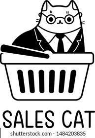 A Cartoon Vector Drawing Of Cat Dressed In A Business Suit Sitting In A Shopping Cart Wearing Glasses