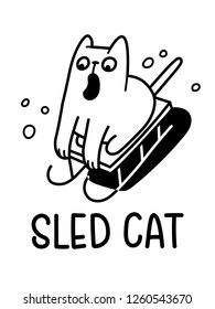 A Cartoon Vector Drawing Of A Cat Going Down The Winter Mountain On A Sled And Screaming