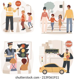 cartoon vector drawing of children and pedestrians with traffic signs